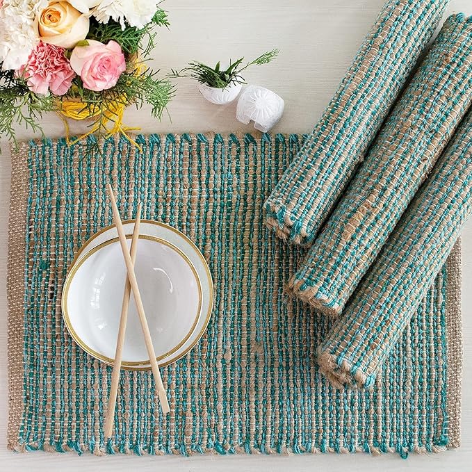 Chardin Home Natural Jute & Aqua Turquoise Placemats, 13x19 in Dining Table by ChardinHome