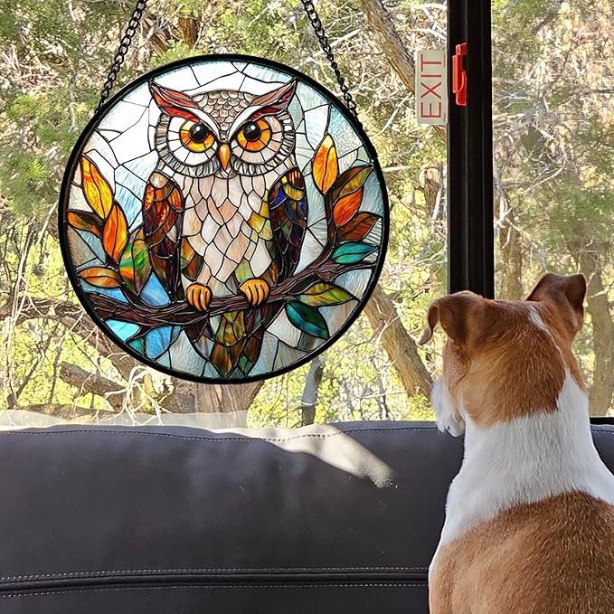 Stained Glass Window Hanging, Owl Colorful Leaves Birds Sun Catchers Diamond - Image 4