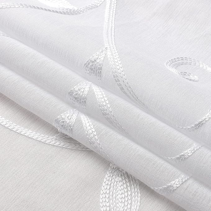VISIONTEX White Leaves Sheer Voile Curtains, Decorative Embroidery Rod Pocket - Image 5