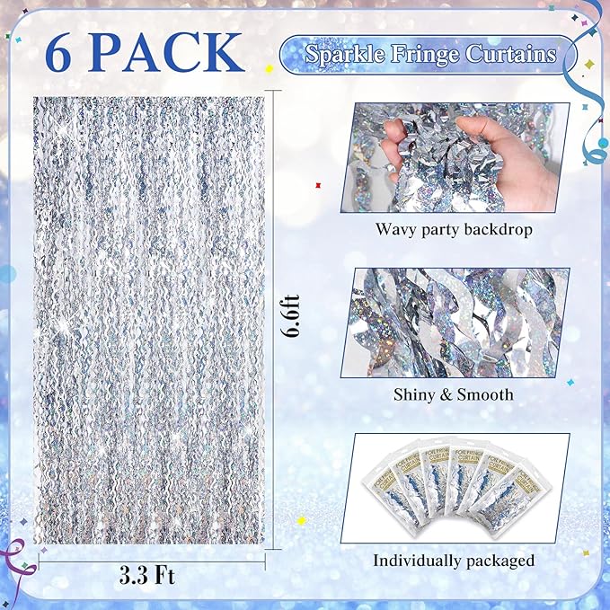 Jutom 6 Pieces 3.3 x 6.6 ft Wavy Tinsel Foil Fringe Curtains Foil Fringe - Image 2