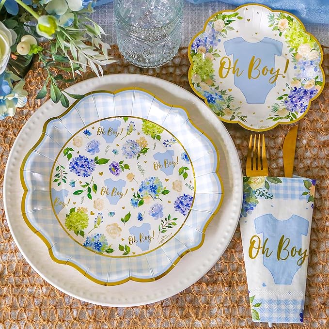 Kate Aspen Baby Shower Onesie Blue Floral & Gingham Tableware Set - Image 2