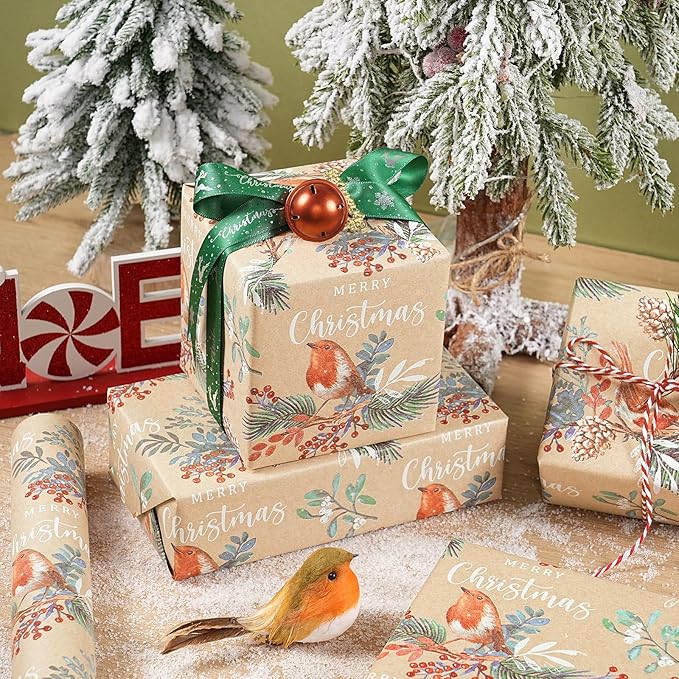 RUSPEPA Kraft Christmas Wrapping Paper Roll, Mini Roll, Vintage Bird on Pine - Image 6