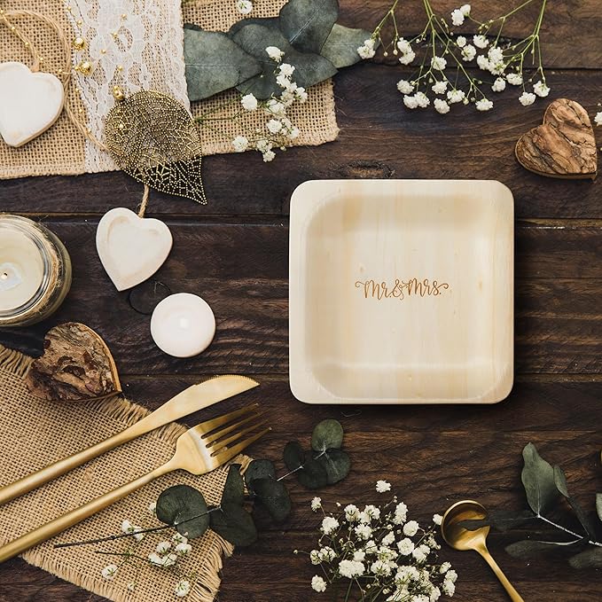 Mr. and Mrs. Disposable Wedding Plates – Rustic, Compostable Alternative to - Image 7