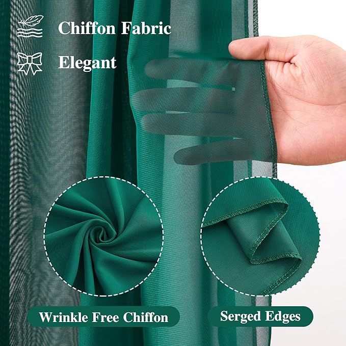 Wedding Arch Draping Fabric, 2 Panels 18FT Emerald Green Sheer Chiffon Curtain - Image 2