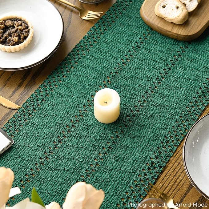 Artoid Mode Dark Green Farmhouse Woven Rustic Hollow Table Runner, Seasonal - Image 4
