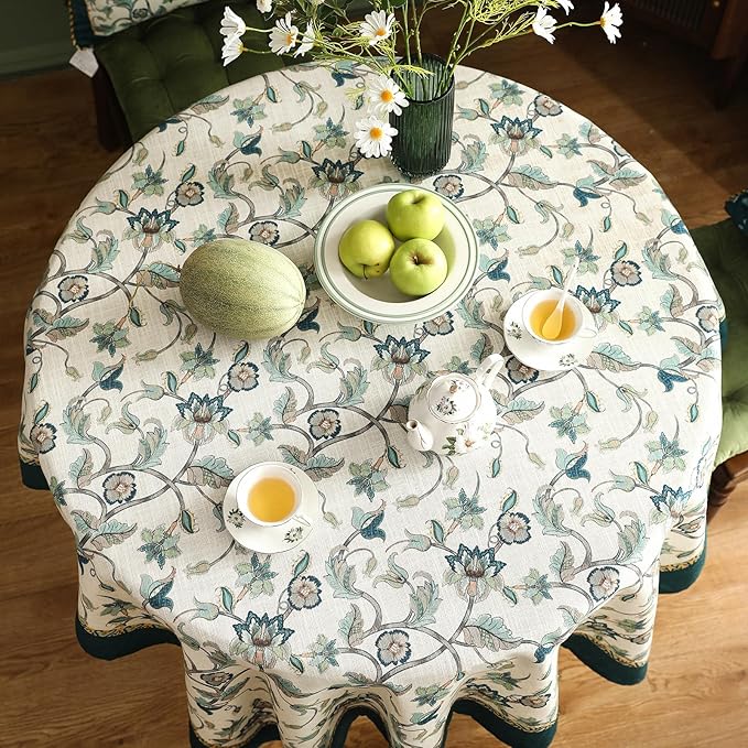 patdrea Designer Linen Vintage Round Table Cloth, Vintage Green Floral Pattern - Image 7