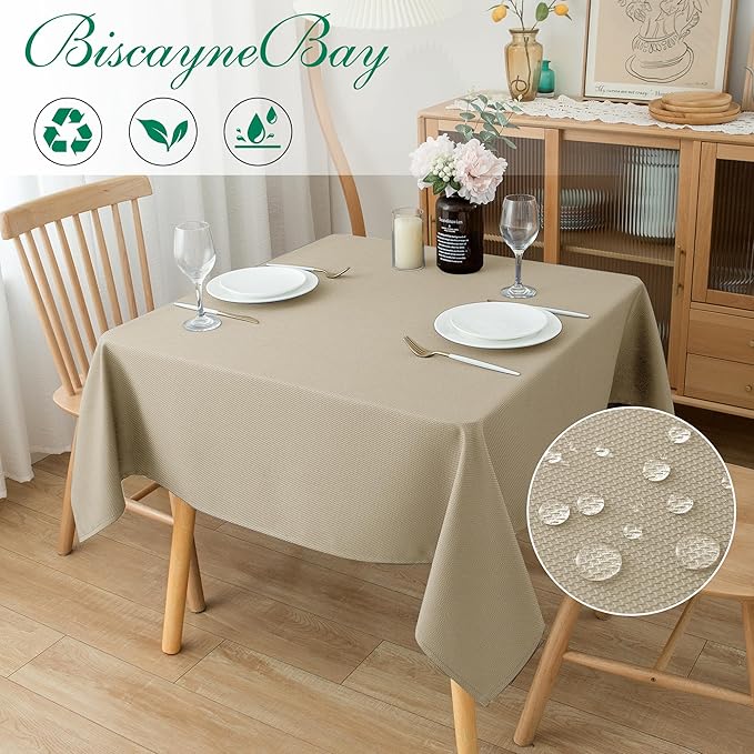Biscaynebay Textured Fabric Square Tablecloths 60x60 Inches, Natural Water - Image 2