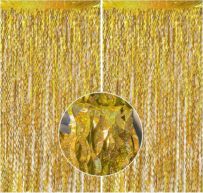 2 Pack Gold Fringe Curtain Backdrop Tinsel Streamers Birthday Party Decorations by BOMSI