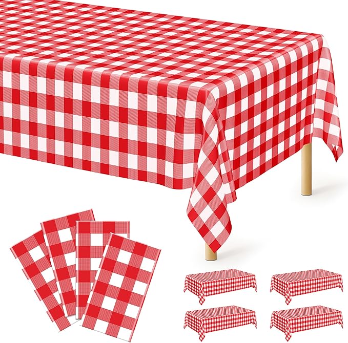 4Pack Plastic Table Cloth Ddisposable, Waterproof Red and White Checkered by QZYL
