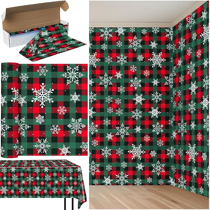4.5x 100 Ft Roll of Christmas Buffalo Plaid Plastic Tablecloth Decorations by JectivsPartyDecorations