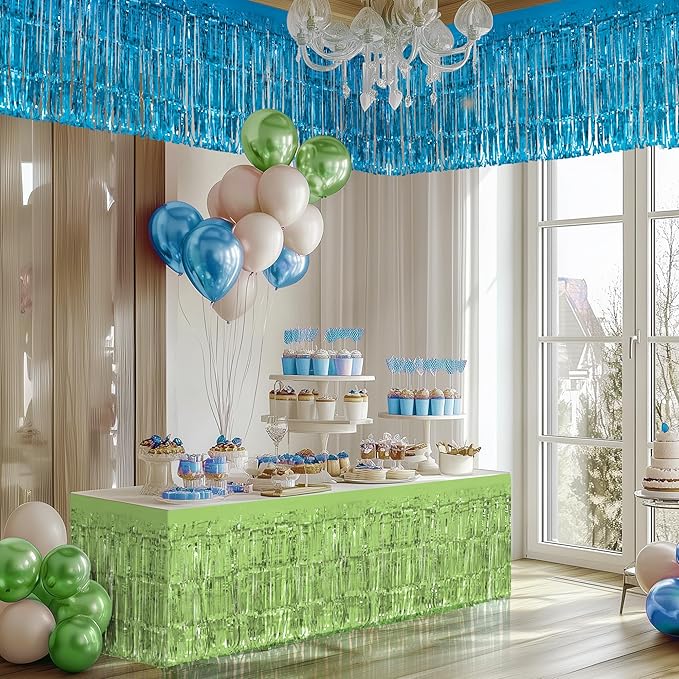 2 Pack Lake Blue Lime Green Table Skirts, 29x108" Metallic Foil Tinsel Fringe - Image 7