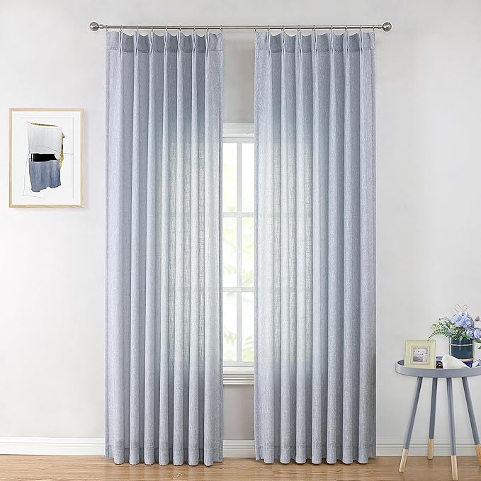 Vision Home Blue Pinch Pleated Semi Sheer Curtains Textured Light Filtering by VisionHome