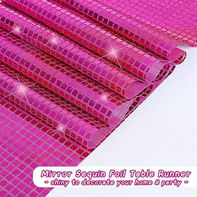 Durony 4 Pack Disco Table Runner 11 x 108 Inch Mirror Hot Pink Glitter Foil - Image 4