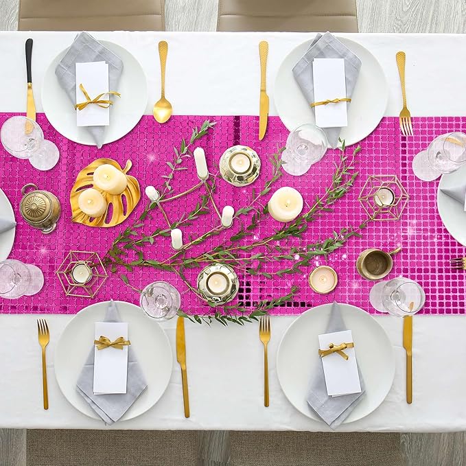 Durony 4 Pack Disco Table Runner 11 x 108 Inch Mirror Hot Pink Glitter Foil - Image 6