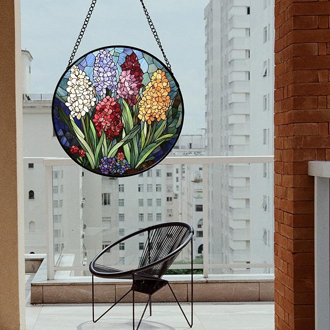 Stained Glass Window Hanging, Colorful Hyacinth Flowers Suncatcher - Image 2