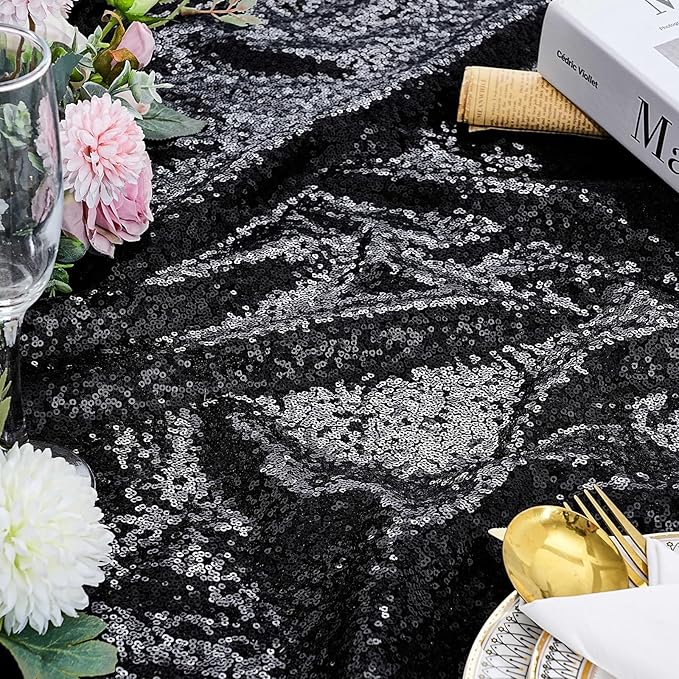 QueenDream Black Party Decorations Sequin Tablecloth: Glitter Overlay 90x90 - Image 2
