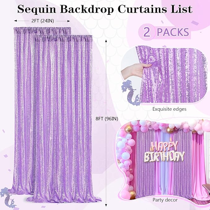 Light Purple Sequin Backdrop Curtains 2 Panels 2FTx8FT Photo Backdrop Glitter - Image 4