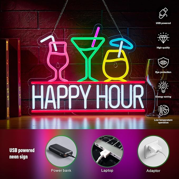 Happy Hour Neon Sign for Wall Decor Beer Bar Signs, USB Powered Dimmable LED - Image 3