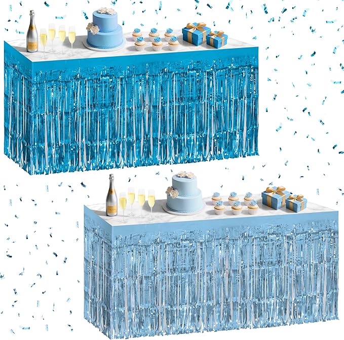 2 Pack Light Blue Lake Blue Table Skirts, 29x108" Metallic Foil Tinsel Fringe by Unknown
