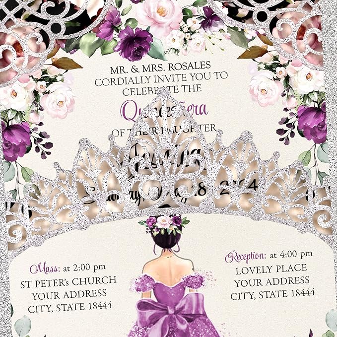 50Pcs Purple Crown Invitations for Quinceanera, 15 year, Sweet 16, Miss XV - Image 4