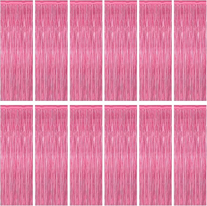 12 Pack Pink Backdrop, 3.28 FT x 7.05 FT Foil Fringe Curtains, Metallic Pink by ZATAYE