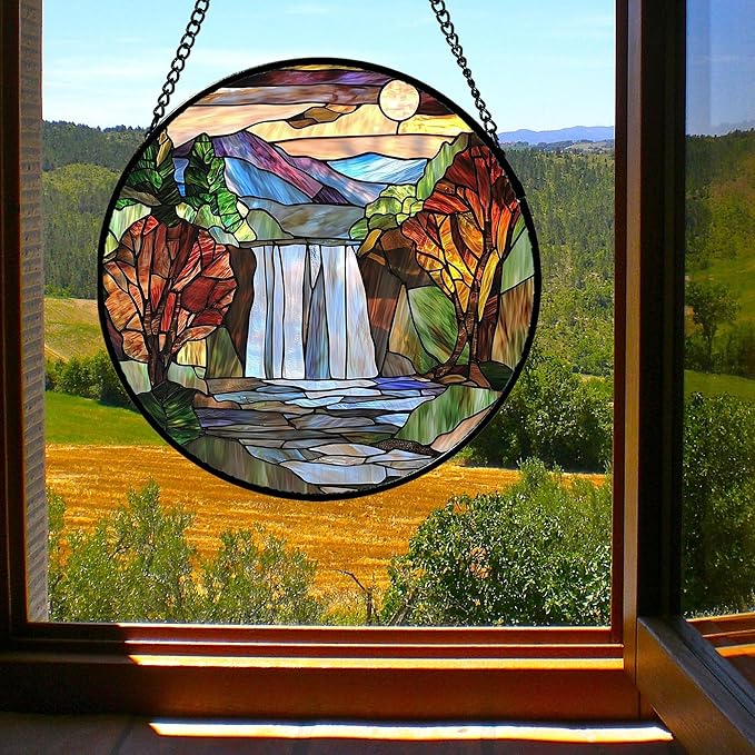 Stained Glass Window Hanging, Abstract Landscape Waterfall Mountains Trees - Image 6