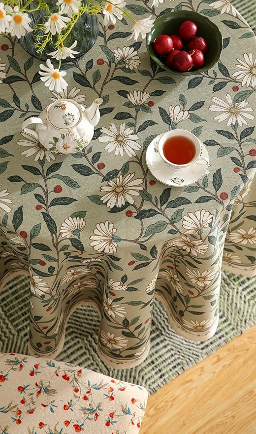 ISAENNE Designer Green Linen Round Tablecloth, Floral French Country Indoor - Image 7