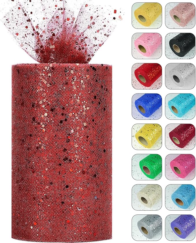Glitter Tulle Rolls, 6” by 50 Yards Sparkling Tulle Spool Ribbon Sequin Tulle by Miegecha