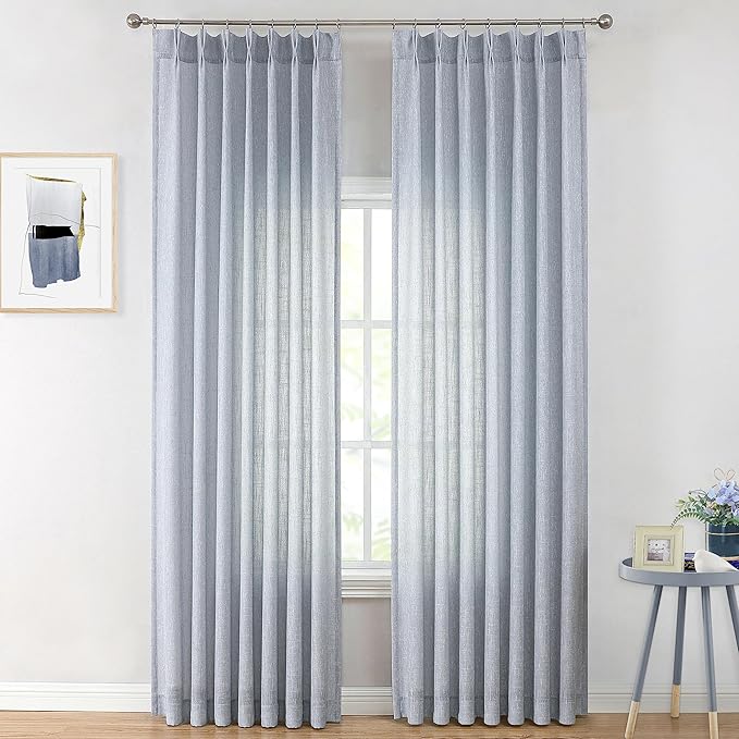 Vision Home Chambray Blue Pinch Pleated Semi Sheer Curtains Textured Light by VisionHome
