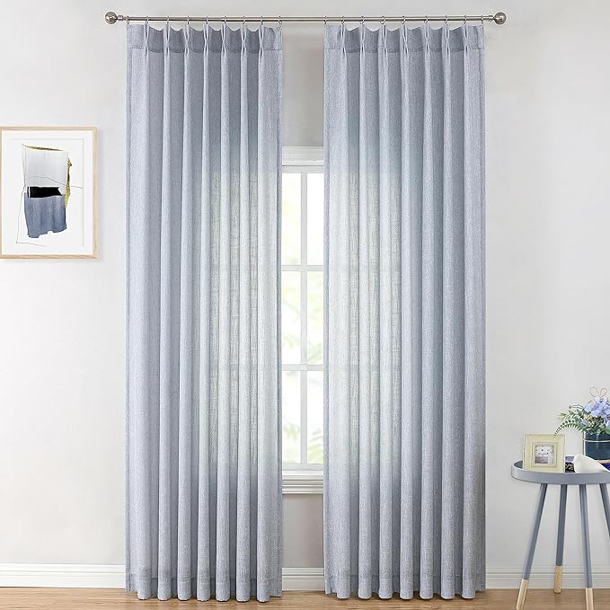 Vision Home Blue Pinch Pleated Semi Sheer Curtains Textured Light Filtering by VisionHome