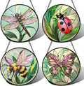 Stained Glass Window Hanging 4 Pcs Set Pink Green Insect Theme 6.3" by DASTOLL