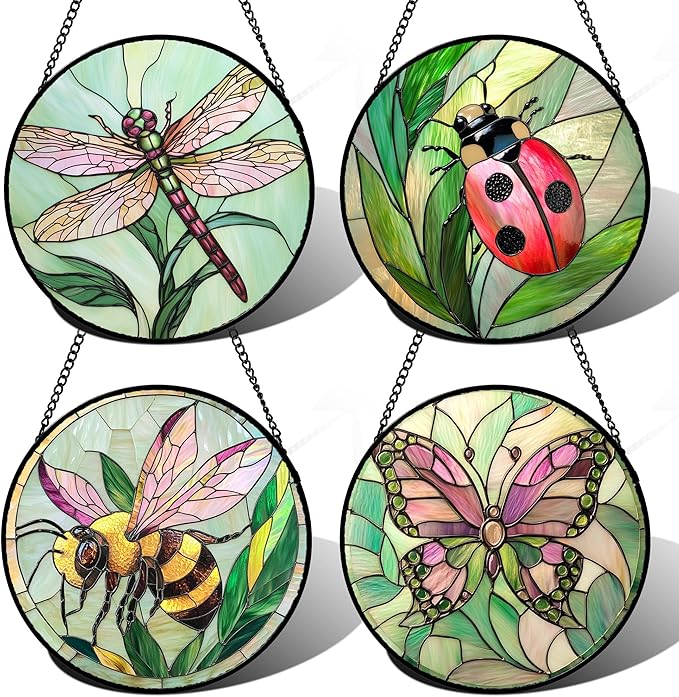 Stained Glass Window Hanging 4 Pcs Set Pink Green Insect Theme 7.8" by DASTOLL