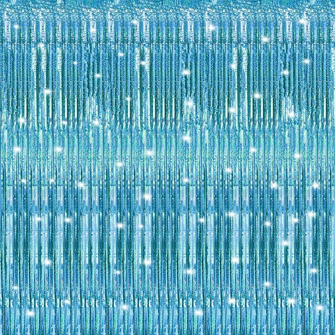 Crosize 2 Pack 3.3 x 9.9 ft Laser Blue Foil Fringe Curtains Party Decorations by Crosize