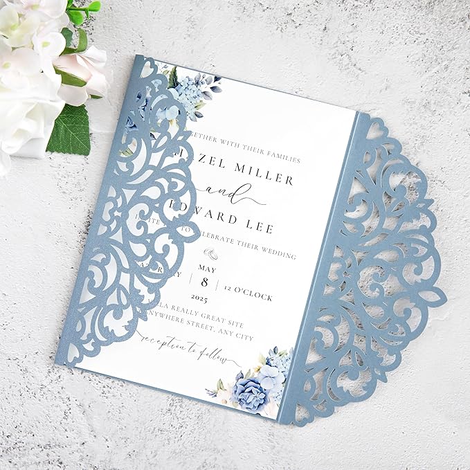 20Pcs Dusty Blue Laser Cut Invitation Cards - Image 9