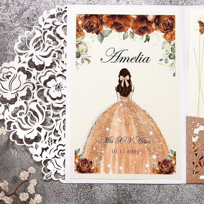 DORIS HOME 50pcs Laser Cut Quinceanera Invitations Terracotta Glitter, 4.7x7.1 - Image 7