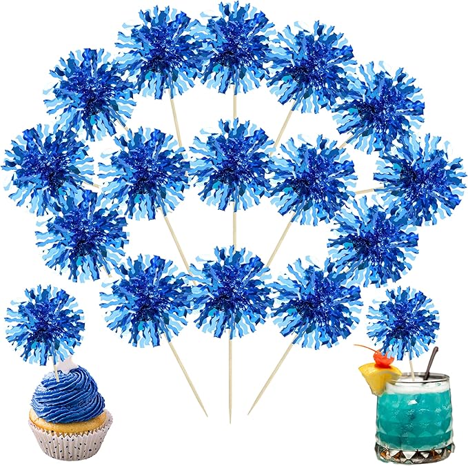 Ephlyn 30Pcs Foil Firework Cupcake Toppers Blue Tinsel Flower Drink Stirrers by Ephlyn