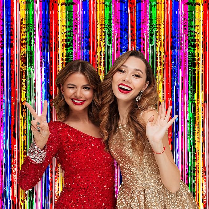 2 Pack 3.3x8.2 Feet Rainbow Foil Fringe Backdrop Curtains, Tinsel Streamers - Image 7