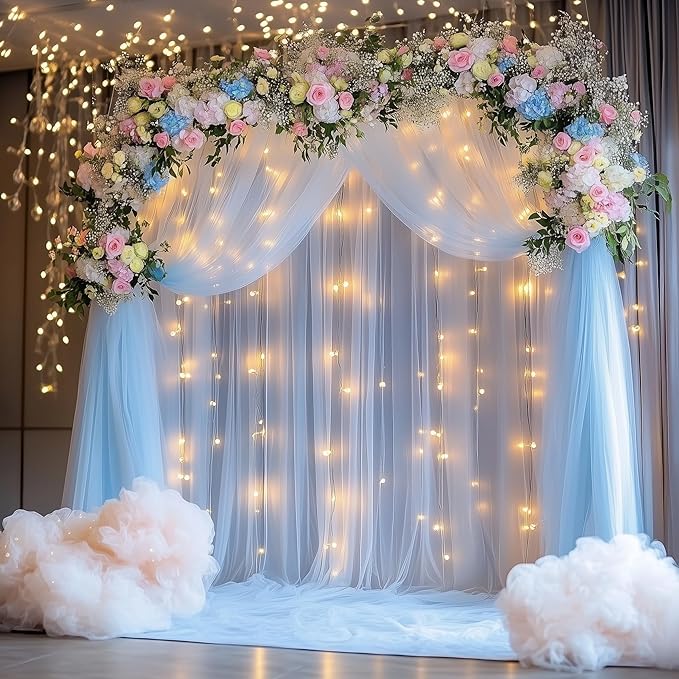 Tulle Backdrop Curtain with Lights String 10FT X 10FT Baby Blue Sheer Tulle - Image 6