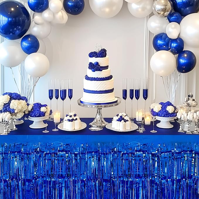 3 Pack Red Dark Blue Silver Table Skirts, 29x108" Metallic Foil Tinsel Fringe - Image 5