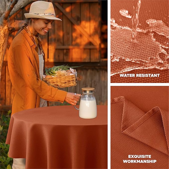 Biscaynebay Fall Tablecloth Textured Fabric Round Tablecloths 70", Rust - Image 2