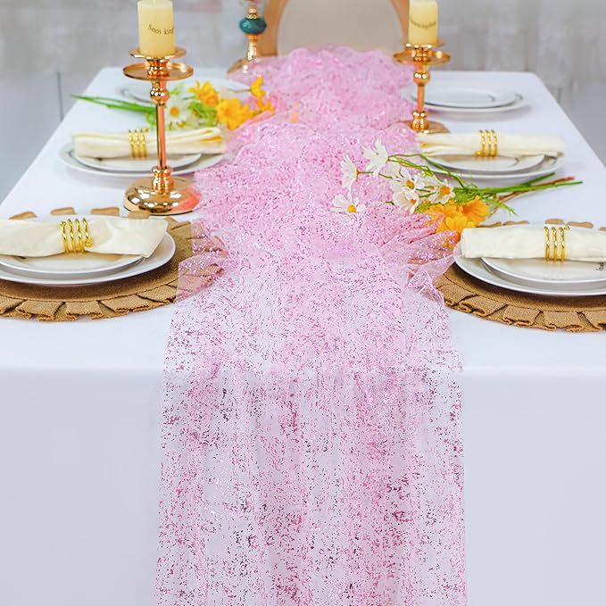 Snowkingdom 10 FT Pink Table Runner, Sequin Glitter Sheer Chiffon Gauze by Snowkingdom