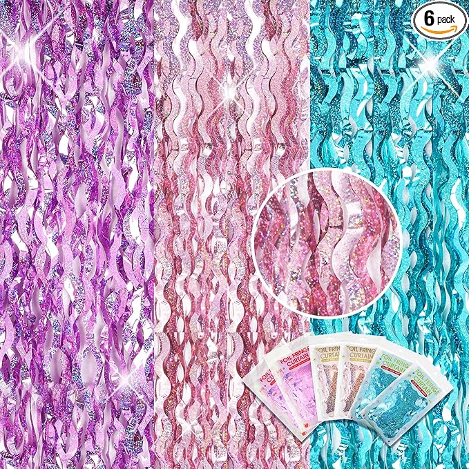 Jutom 6 Pieces 3.3 x 6.6 ft Wavy Tinsel Foil Fringe Curtains Foil Fringe by Jutom