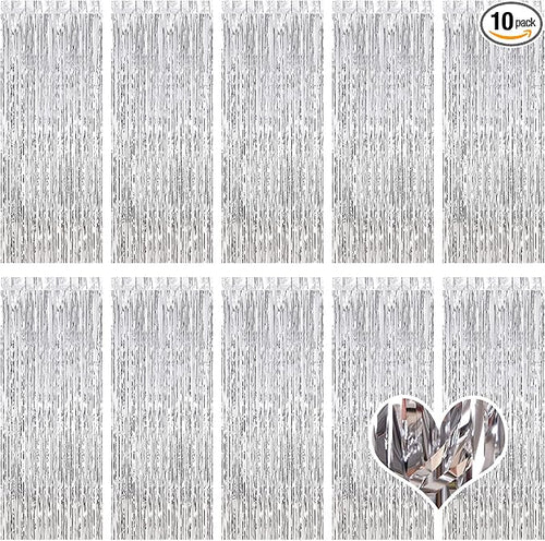 10 Pack Silver Backdrop Curtain 3.2ft x 8.2ft Metallic Tinsel Foil Fringe by Ohiyoo