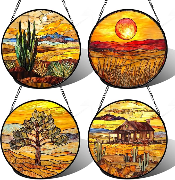 Stained Glass Window Hanging 4 Pcs Set Desert Sunset Theme Landscape Large 11.8" by DASTOLL