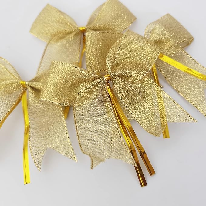 50pcs 3-1/2" Metallic Gold Bows Twist Tie Bows - Image 5