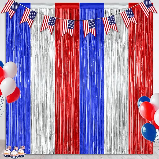 2 Pack 4th of July Party Supplies, 3.28 FT x 7.05 FT 4th of July Tinsel Backdrop by ZATAYE