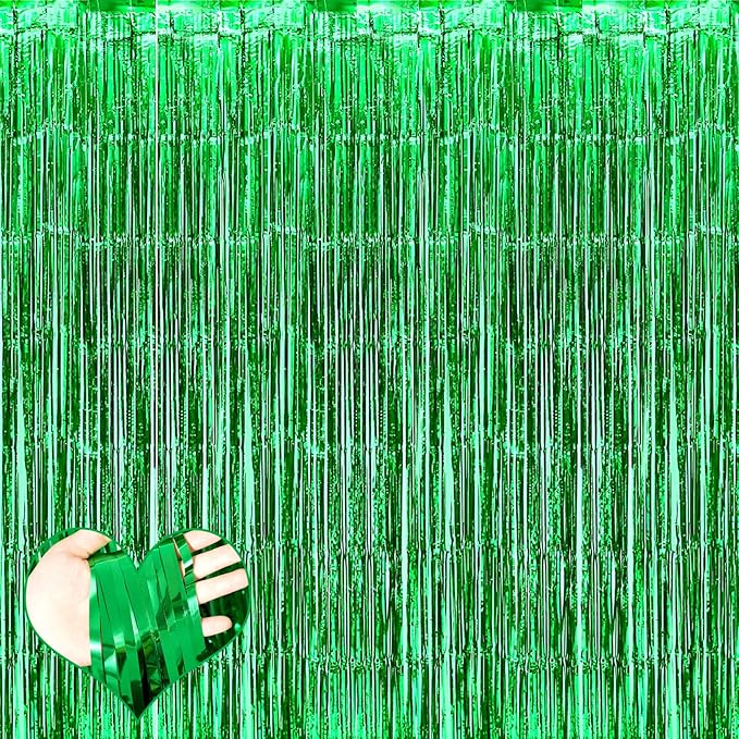 4 Pack Green Fringe Curtain Backdrop, 3.2Ft x 6.6Ft Metallic Tinsel Foil Fringe by Mebiornt