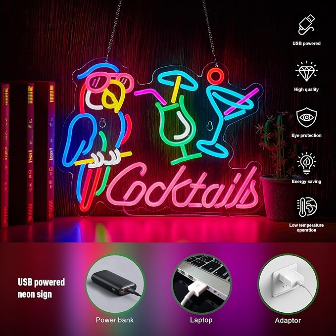 Parrot Cocktail Neon Sign for Wall Decor Bar LED Light Beer Wine Alcohol Man - Image 3