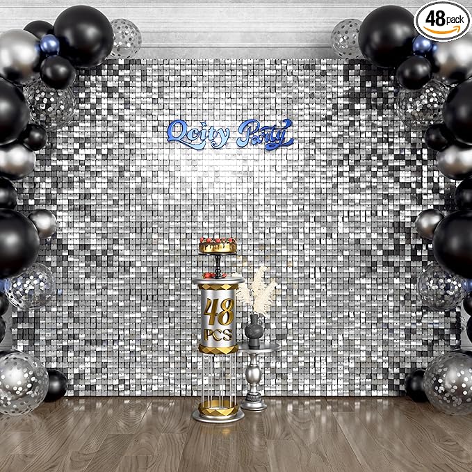 Qcity Silver Shimmer Wall Backdrop 48PCS, Square Sequin Glitter Backdrop Panel by QCITY