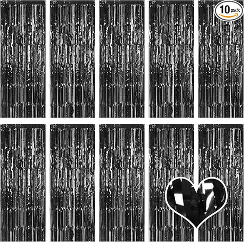 10 Pack Black Backdrop Curtain 3.2ft x 8.2ft Metallic Tinsel Foil Fringe by Ohiyoo
